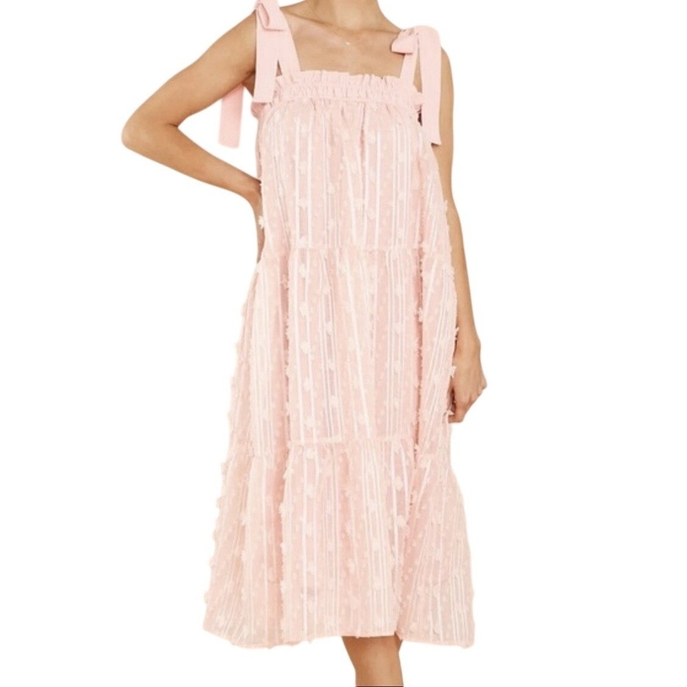 Entro Blush Pink Bow Midi Dress Shoulder Ties Fairy Princess Party - Picture 2 of 9